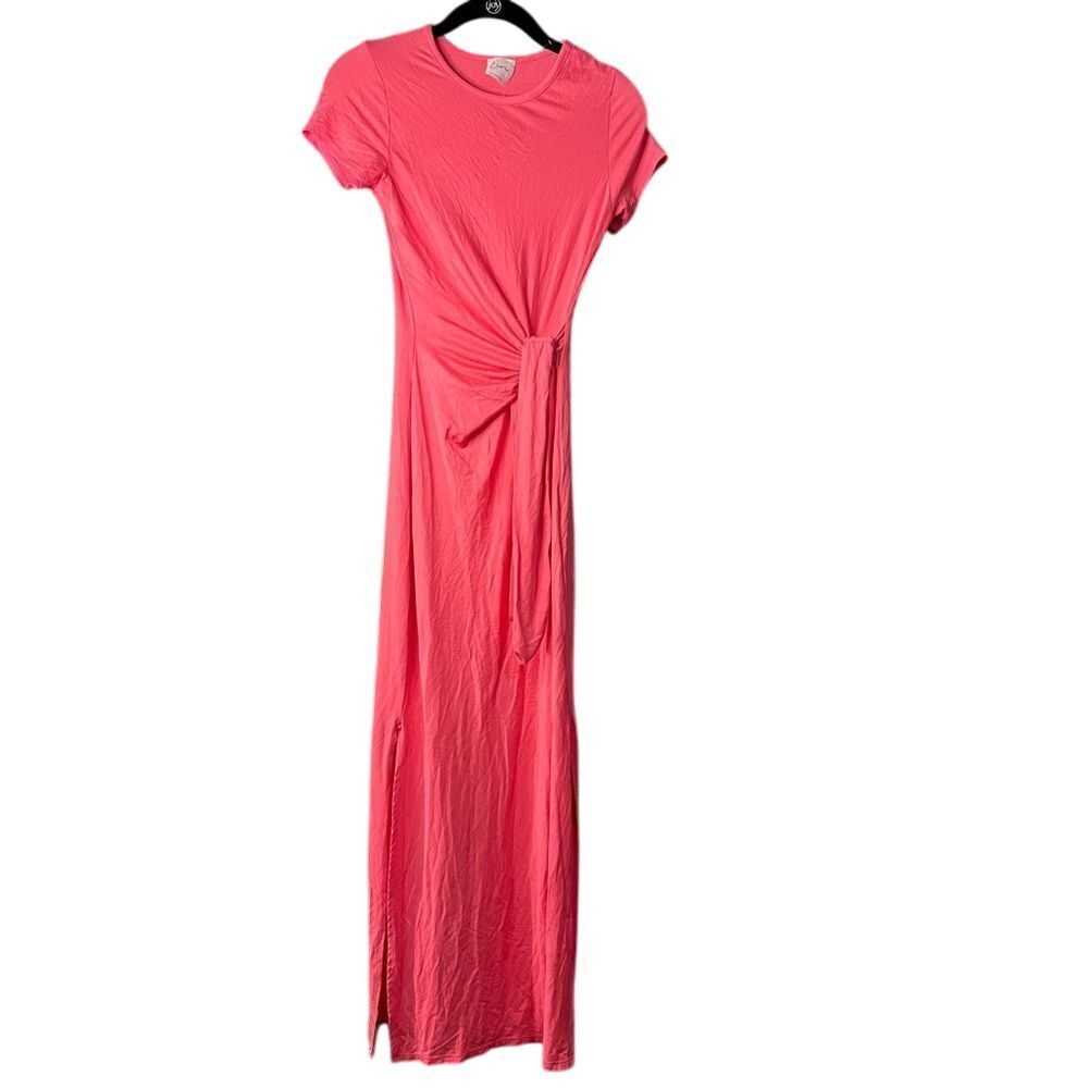 Elegant Pink Side-Tie Maxi Dress Short Sleeve Summer‎ Casual Long Dress E26